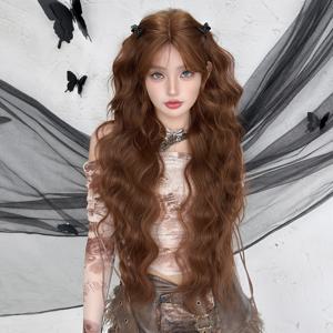 우아한 가발 롱 루즈 웨이브 골든 브라운 여성용 가발 데일리 파티용 카니발 음악 축제 코스프레용 가발 고밀도 내열성 인조 가발 K팝 Y2K 32인치