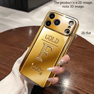 휴대폰 케이스 - [2D] F와 1000G 글자 새김으로 장식된 골든 바, 아이폰17/17Pro17Air17Promax1616Pro16Plus16Promax1515Pro15Promax1414Pro14Plus14Promax1313Pro13Promax13Mi에 적합한 라이트 럭셔리 전기 도금 골든 유리 휴대폰 케이스, 축제 선물