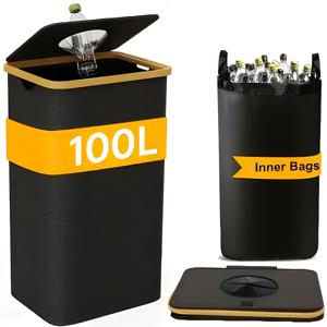 100L 대용량 주방 재활용 , 뚜껑 및 XXL 손잡이 가방 포함 - 튼튼한 패브릭 구조, 접이식 디자인, 뚜껑 장착형 풀아웃 , 가정, 사무실, 상업용으로 적합 - 병, 유리, 종이 보관에 이상적