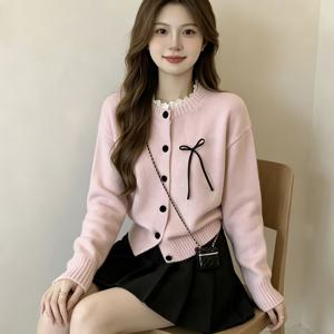 새로운 가을/겨울 릴랙스 스타일 리본 레이스 패치워크 여성용 가디건 탑