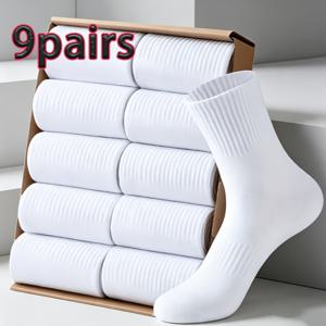 9켤레 여성용 미드-카프 허리 주름 흰색 양말, 캐주얼 무지 올매치 흰색 양말, 간편한 젊음의 실내외 스포츠 다용도 니트 양말, 남녀공용 사계절 봄 여름 통기성 양말