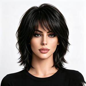 여성용 블랙 샤기 울프 컷 가발, 커튼 뱅스 레이어드 깃털 숏 가발, 합성 헤어 데일리 파티 가발