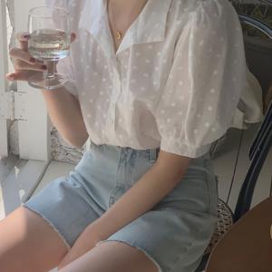 여성용 러블리 플라워 꽃 레이스 자수 퍼프 블라우스 여름 반팔 반시스루 남방 데일리 루즈핏 프레시 엘레강스 캐주얼 망사 티셔츠