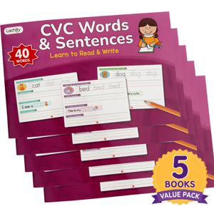 어린이용 CVC 단어와 문장 워크북 세트 5권 밸류팩, 40페이지, 파ων릭스 읽기 및 쓰기 연습, CVC 단어 활동, 문장 구성 및 취학 전 유치원 학습을 위한 초기 읽기 쓰기 능력