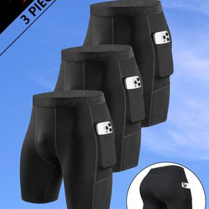 3피스 남성 스포츠 반바지 블랙 컴프레션 속건성 사이클링 바지 런닝 야외 하이킹 캐주얼 피트니스 트레이닝 복싱 반바지 농구 베이스 레이어 스트레치 바지 (포켓 포함) P