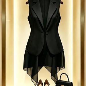 패션 출퇴근 겸용 시폰 패치워크 민소매 조끼 탑, 여성용 조끼