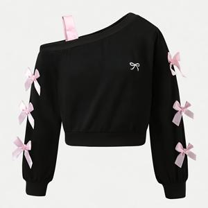 여아용 스위트 앤 쿨 캐주얼 스타일 핑크 리본 장식 블랙 오프숄더 탑, 가슴에 작은 리본 자수가 있어 달콤함을 더한 단품, 여유롭고 편안한 핏