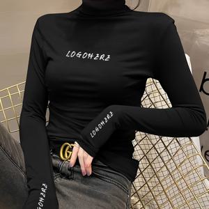 하이넥 슬림 베이스 셔츠 여성용 봄 가을 신상 자수 긴팔 블랙 안감 디자인 탑 트렌디