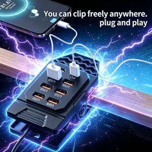 8포트 고속 USB 클립 충전 , USB 포트 6개 + Type-C 포트 2개, 멀티 기기 고속 충전 허브, 노트북, 태블릿, 휴대폰과 호환, RV 전원 변환 파트너, 지능형 자동 할당 듀얼열 소켓
