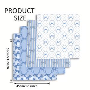 4개 세트 파란색 리본 프린트 원단 - (55X45Cm/25X25Cm) 파란색 리본 패턴이 있는 재단된 폴리에스터 원단 - 재봉, 스크랩북, 테이블보 및 공예에 적합