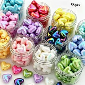 58개 랜덤 색상 무지개 광택 전기 도금 하트 아크릴 비즈, 3D 풍성한 홀 러브 하트 비즈 (AB 광택), 팔찌, 휴대폰 참, 가방 펜던트 제작 공예 용품