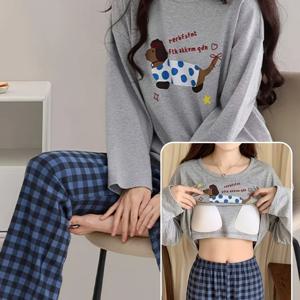 신상 가을/겨울 파자마 세트, 속이 胸垫 내장형, 긴팔 상의에 만화 강아지 프린트와 격자무늬 긴 바지, 캐주얼하고 헐렁한 편안한 실내복