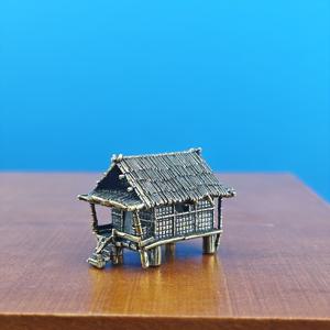 황동 빈티지 소박한 중국 고풍스러운 짚집 미니어처 모형 암석정원 수조 분재 조경 장식 인형, 고대 오두막 소형 조각상 작은 금속 수집품, 미니어처 모래 테이블 분재 액세서리