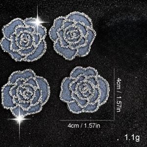 4개 수제 데님 꽃 라인스톤 다리미 패치, 블루 헤비 듀티 데님 장미 꽃 재봉 다리미 패치, 데님 스타일 다림질/재봉 장식, 의류 및 추가용품에 적합, 청바지, 가방, 신발, 모자용 다리미/재봉 데칼 추가