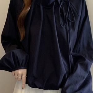 가을 여성 긴팔 블라우스 리본 셔링 디테일 벌룬소매 루즈핏 체형커버 오피스룩 하객룩 출근룩 데이트룩 데일리 상의