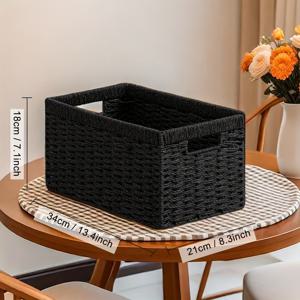 1개 - 직조 종이 로프 수납 바구니, 13.4L×8.3H×7.1W인치, 선반에 적합, 손잡이가 있는 접이식 직사각형 디자인, 정리용으로 이상적, 선반 바구니