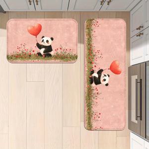판다 하트 풍선 플로럴 주방 매트 세트, 폴리에스터 재질, 미끄럼 방지, 세탁기 사용 가능 니트 러그, 가정, 사무실, 싱크대 및 세탁실에 적합 - 봄 장식용 편안한 매트 - 다양한 크기로 제공