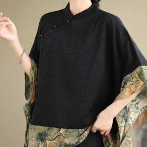 빈티지 중국 스타일 상의, 전통적인 매듭 단추, 트렌디한 스탠드 칼라 디자인, 7부 소매, 스타일리시한 비대칭 풀오버. 이 패셔너블한 루즈핏 블라우스는 어머니들을 위해 완벽합니다.