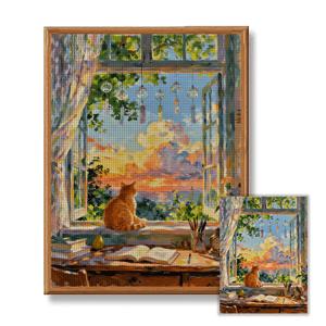 JOZYSH, [30x40cm/11.8x15.7인치] [40x50cm/15.7x19.7인치], 11/14CT 십자수 키트, DIY 프레임리스 십자수, 자수 공예 세트, 창밖을 내다보는 고양이, 패턴 프린트 십자수 키트, 랜덤 실과 자수틀, 거실 현관 침실 장식, 아름다운 예술 작품 선물