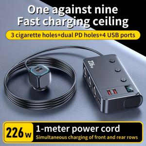 차량용 연장 충전기, 다기능 자동차 1대 9개 충전기, 226W 고출력 - 듀얼 PD+듀얼 USB+3. 차량용 플러그를 통한 고속 충전, 차량 유형에 관계없이 휴대폰, 헤드폰, 차량용 스피커, 컴퓨터, 태블릿 충전에 적합