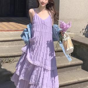 여성 캉캉 나시 롱 원피스 브이넥 프릴 레이스 슬립 루즈핏 체형커버 바캉스룩 휴양지 비치원피스 꾸안꾸 데이트룩 연보라