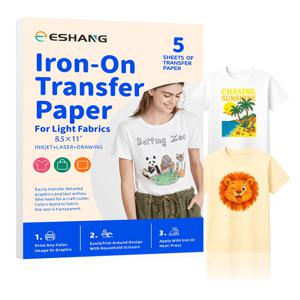 밝은 색상 원단용 열전사지 5매, 8.5 X 11인치 인쇄용 다리미 열전사 시트, 잉크젯 및 레이저 프린터용, 쉽게 벗겨지는 DIY 티셔츠 프린팅 용지, 잔여물 없음