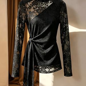 여성용 하이넥 레이스 긴소매 탑, 대각선 패널, 허리를 조이는 사이드 타이, 비대칭 밑단, 슬림핏, 달콤하고 관능적인 스타일, 속이 빈 베이스 레이어 블라우스