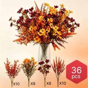 36개 가을 인공 시뮬레이션 부케, 데이지 유칼립투스 잎 오렌지 노랑 빨강 가을 색상 혼합 추수감사절 장식 - 낮은 유지 보수, 퇴색 방지, 사계절용, 실내 가정 거실 식탁 침실 꽃병 장식에 적합