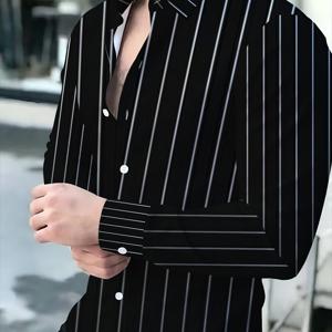 [프린트 디자인 - 텍스처 없음] 남성 슬림핏 셔츠, 흰색 얇은 스트라이프가 있는 블랙, 긴소매, 버튼업, 캐주얼부터 포멀한 행사까지, 사무실, 디너 파티 또는 이브닝 이벤트에 적합