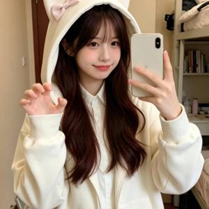 TRUEFES 여성 후드 아우터 봄가을 고양이귀 리본 디테일 루즈핏 지퍼 집업 데일리 탑