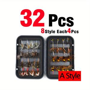 32개입 송어 님프 플라이 낚시 루어 세트 - 드라이/웨트 플라잉, 님프 및 아이스 피싱 루어 - 내구성 있는 박스 포함 - 야외 낚시에 완벽한 인공 미끼