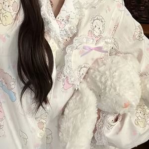 재고 보유 논스트레치 고품질 여성 파자마 세트, 봄/가을/여름용 긴팔 긴바지 플러스 사이즈 가벼운 스위트 가디건 캐주얼 착용 2피스 세트, 레이스 트림, 귀여운 카툰 디자인