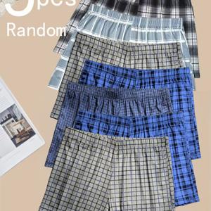 랜덤 5pcs 혼합 프린트 남성 체크무늬 박서 쇼츠 통기성 좋은 부드러운 캐주얼 라운지 속옷 신축성 가벼운 초소형 습기 제거 일상용 라운지 속옷