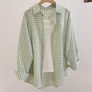여성용 베이지 깅엄 루즈핏 셔츠 - 긴소매 버튼업 블라우스 - 텍스처 가벼운 봄/여름 상의, 데일리 외출 및 레이어링용