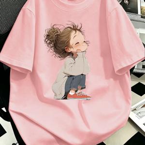 플러스 사이즈, 패딩 코트를 입은 아기자기한 아기(또는 아이) 그림 프린트 캐주얼 슬림핏 여성용 티셔츠