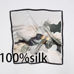 미술적인 우아한 스타일 100% 실크, 20.47 X 20.47인치 사각 스카프, 새로운 중국 잉크 산 물방울 여성용 사각 스카프, 실크 스카프, 헤어밴드, 가방 액세서리, 목걸이, 라이트 베이지 베이스, 추상적인 산과 물 요소 및 잉크 라인