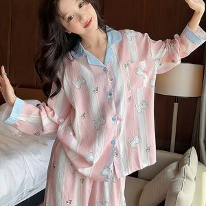 재고 있음 고품질 귀여운 아기 고양이 프린트 여성용 파자마, 신선하고 심플한 인스타 스타일 캐주얼 가디건 라운지웨어 2피스 세트, 편안한 루즈핏 긴팔 긴바지 얇은 에어컨방 의류 세트