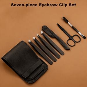 눈썹 정리 핀셋 세트, 7pcs 키트 스테인리스 스틸 전문가용 매트 블랙 멀티 쉐이프 팁, PU 케이스, 면도기, 가위, 브러시 포함, 여성 남성용 여행 데일리 메이크업 얼굴 털 제거 뷰티 도구