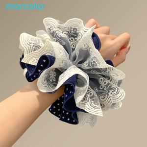 Marcolor 빈티지 레이스 러플 헤어 곱창, 여성용 디자인, 하트 프린트 메쉬 레이어드 곱창, 빈티지 홀우드 자수 대형 오간자 헤어 액세서리, 스위트 프렌치 하이 포니테일 곱창 헤어 장식