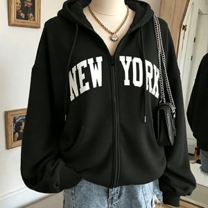 여성용 캐주얼 집업 후드티, 레터 프린트 패턴 스웨트셔츠, 편안한 안감과 기계 세탁 가능, 따뜻한 가을/겨울 스웨트셔츠, 귀여운 디자인, 편안한 착용감
