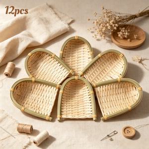 12개 수제 대나무 바구니, 컨트리 스타일 직조 트레이, 미니 대나무 스푼 모양 수납 상자, 스타일 장식, 주방, 테이블 및 벽에 적합, 전통 수공예 수납 바구니, 수납 바구니, 선반 바구니