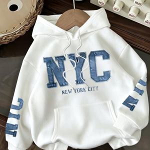 여성 레터 NYC 패치워크 패션 긴팔 후드 스웨트셔츠 가을 겨울