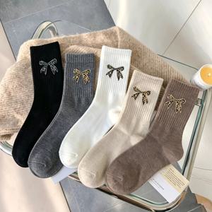 여성용 단색 양말 5켤레 세트, 봄 가을 겨울용-일본 패션-메일라르 톤 프린트 리본 패턴 편안한 미디엄 筒袜