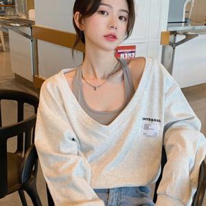 SunburstWonder 여성용 레이어드 느낌의 반팔 맨투맨 봄 가을용 얇은 소재 한국판 시크 디자인 감각적인 소수 취향 상의