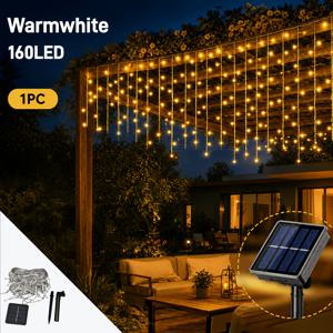 태양광 야외 고드름 조명 - 160/96 LED IP65, 8가지 모드 커튼 페어리 스트링 조명 플러그, 태양광 자동 온/오프 야외 조명, 파티오 정원 현관 결혼식 크리스마스 장식, 결혼식, 안뜰 및 별이 빛나는 하늘에 적합