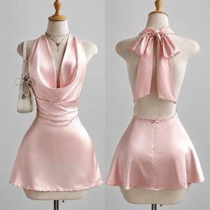 Y2K 신상 여성 솔리드 새틴 질감 홀터 넥 허리 숏 스커트, 백리스 홀터 민소매 템퍼먼트 순수 드레스