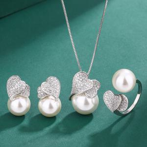 3pcs/세트 패션 우아한 인레이 샤이니 지르코니아 모조 진주 목걸이 귀걸이 및 오픈 조절 가능 반지 주얼리 세트 여성 데일리 파티 연회 착용 로맨틱 웨딩 주얼리 선물