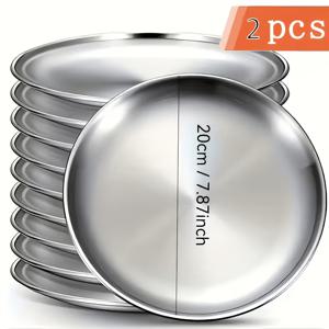 두꺼운 디너 플레이트 2개 세트, 둥근 스테인리스 스틸 플레이트 각 1개, 식탁용, 캠핑, 결혼식, 뷔페에 적합 | 식기세척기 사용 가능, 녹 방지, 쌓을 수 있음
