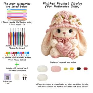 토끼 코바늘 뜨개질 패턴 포함 싱글 크로셰 키트, 초보자용 DIY 공예 용품, 고급 원사, 코바늘, 상세한 영어 설명서, 장식품 및 오너먼트용, 생일 축하, 밸런타인데이, 할로윈, 크리스마스용으로 적합