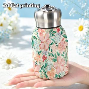 2D 프린팅 316 스테인리스 스틸 물컵, 10oz/300ml 미니 이중벽 진공 보온병, 냉온 음료용. 연한 크림색 배경에 연분홍색 꽃송이, 녹색 잎사귀, 작은 부드러운 꽃이 특징인 꽃무늬 패턴, Gen 포함